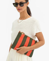 Clare V Flat Clutch w/Tabs, Army/Bright Poppy Canvas Stripe