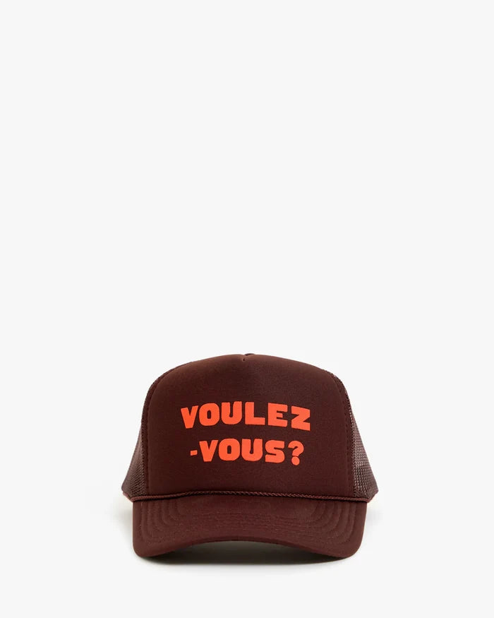 Clare V Trucker Hat, Chocolate w/ L'Orange Voulez-Vous?
