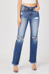 Hazel Blues® |  Risen Raw Hem Distressed Straight Jeans